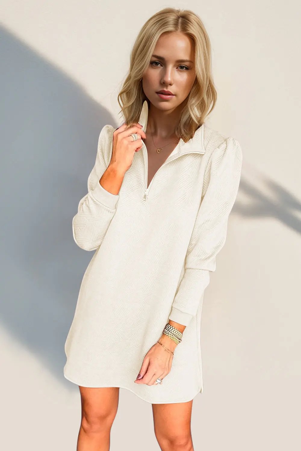 Double Take Textured Quarter Zip Long Sleeve Dress - Love Salve